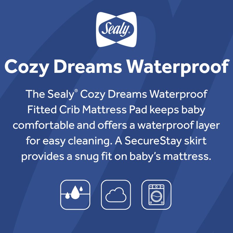 Sealy Cozy Dreams Waterproof Fitted Crib Mattress Pad 100% waterproof barrier protects crib mattress leaky messes allergens sanitary surface machine washable