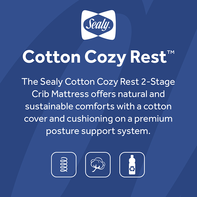 Sealy Cotton Cozy Rest 2-Stage Crib Mattress features 204 coils EverEdge pillars anti-sag system airflow pocket plush cotton toddler layer waterproof cover