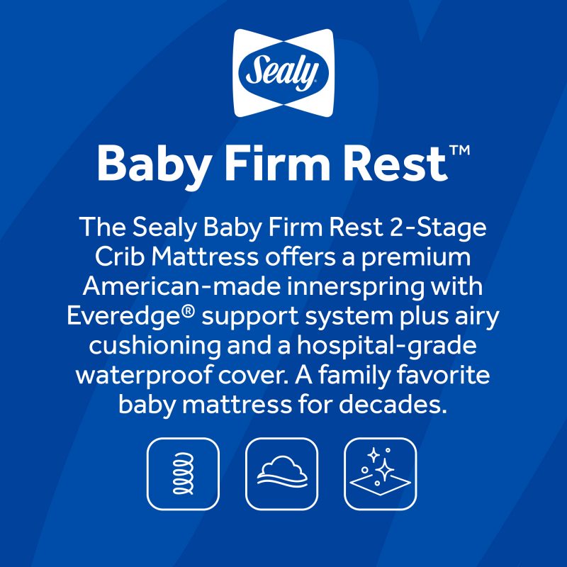 Sealy Baby Firm Rest 2-Stage Crib Mattress features antibacterial waterproof cover 204 coils 2-stage firmness made in USA