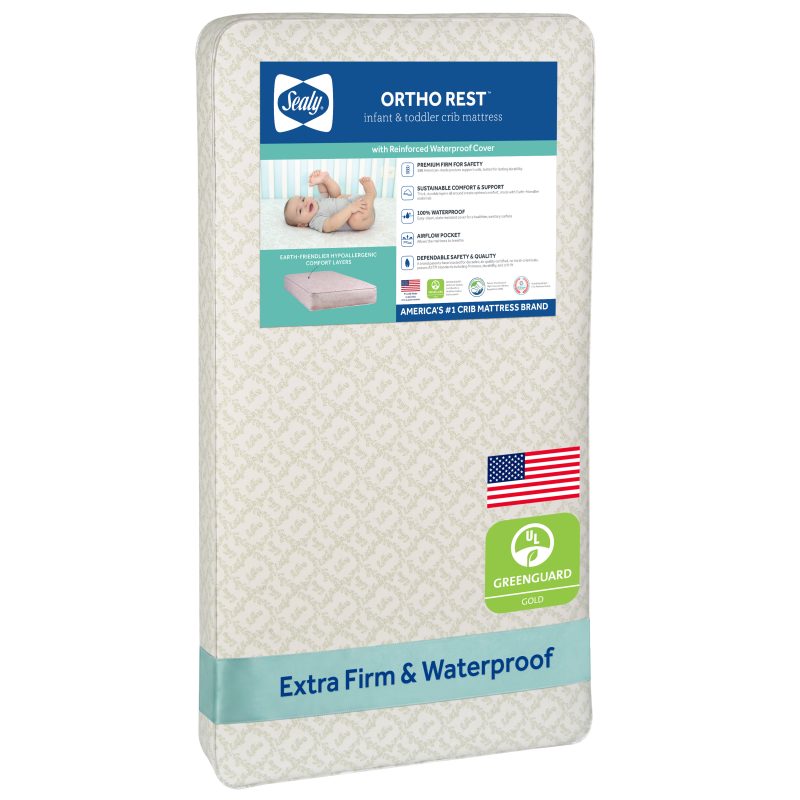 Sealy Ortho Rest Crib and Toddler Mattress white 150 coil innerspring waterproof easy-clean cover GREENGUARD Gold airflow pocket made in USA