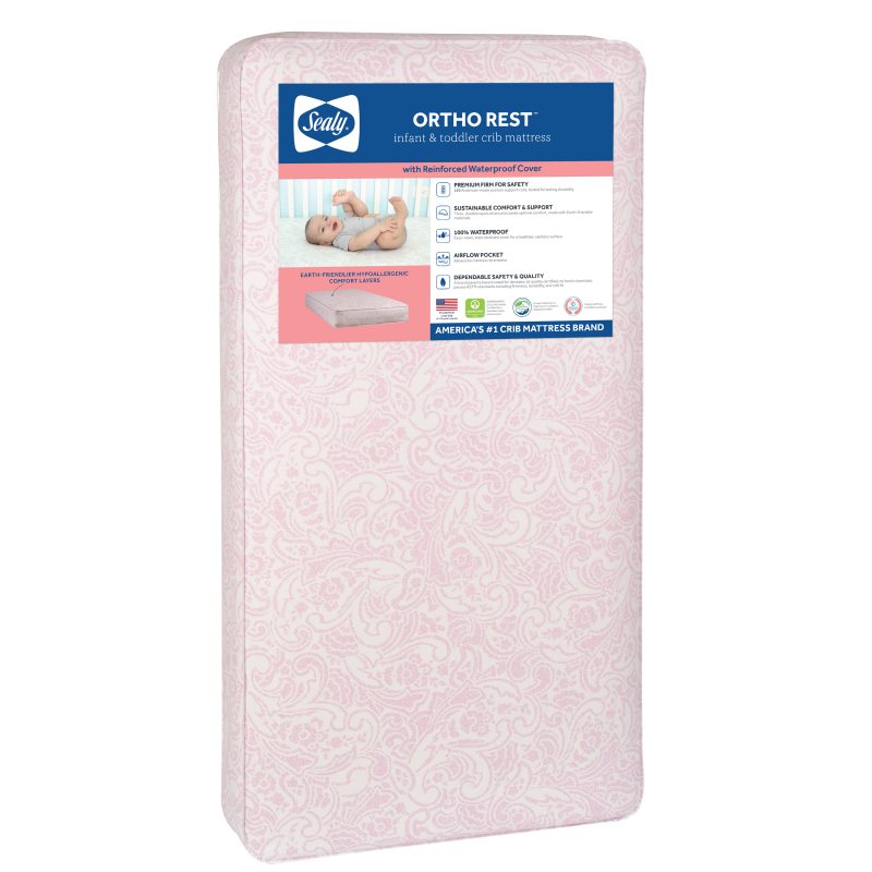Sealy Ortho Rest Crib and Toddler Mattress pink 150 coil innerspring waterproof easy-clean cover GREENGUARD Gold airflow pocket made in USA