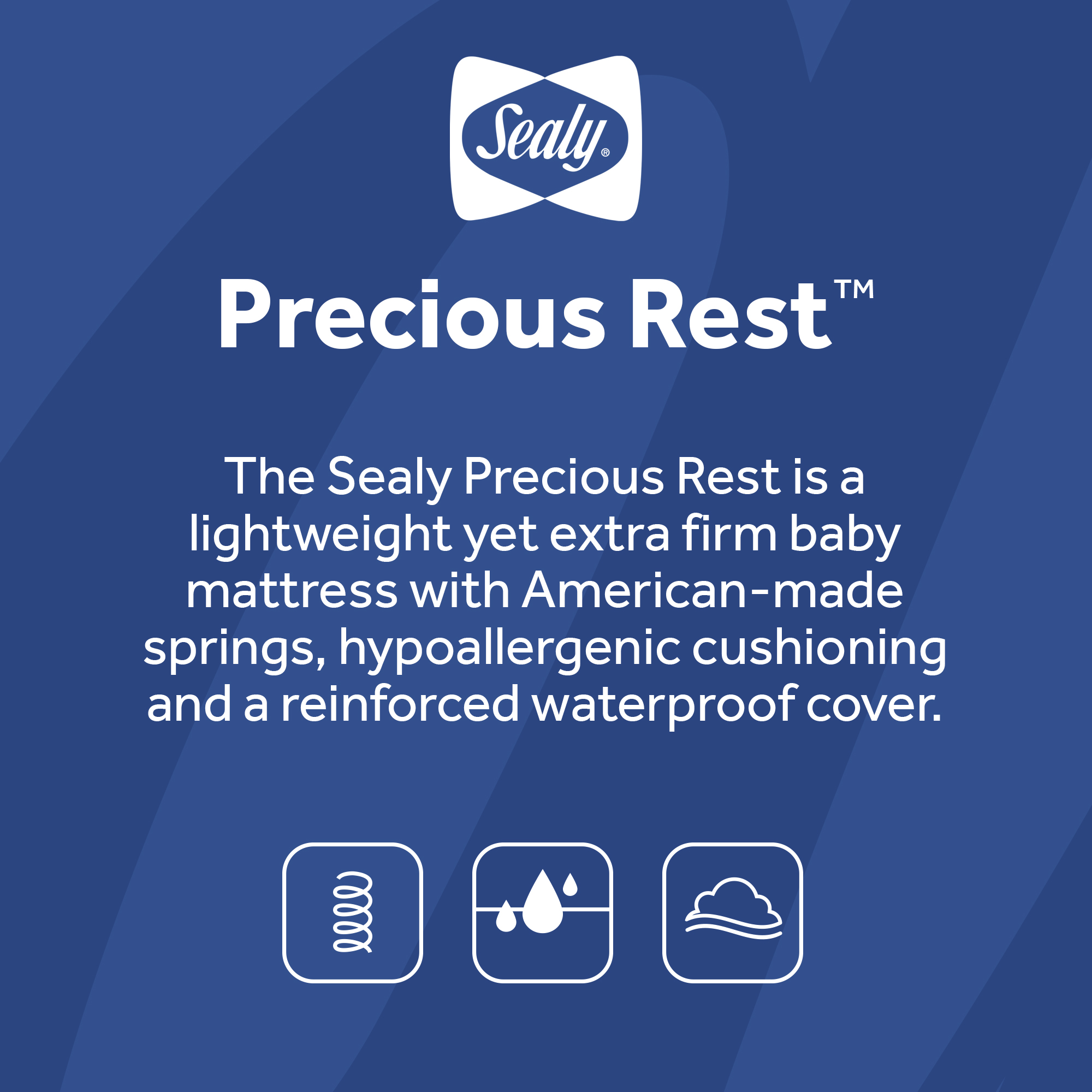 Sealy Precious Rest Crib and Toddler Mattress features 120 interwoven coils full border wire waterproof lock-stitched binding hypoallergenic wrap airflow pocket no toxic fire retardants made in USA