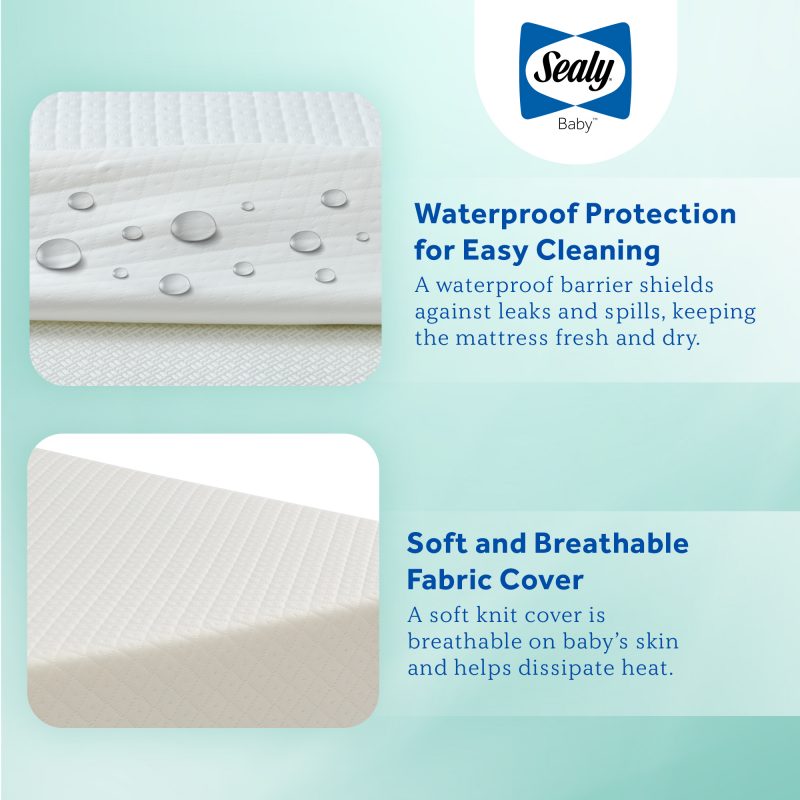 Sealy Butterfly Breathable Knit Crib Mattress 100% waterproof protection easy clean keeps leaky messes mold mildew odors bacteria removable cover