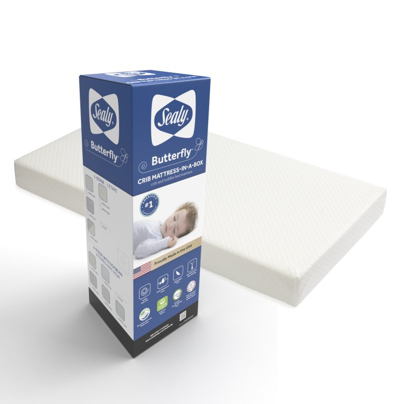 Sealy Butterfly Breathable Knit Crib Mattress package box mattress in a box lightweight easy carry doorstep delivery convenient