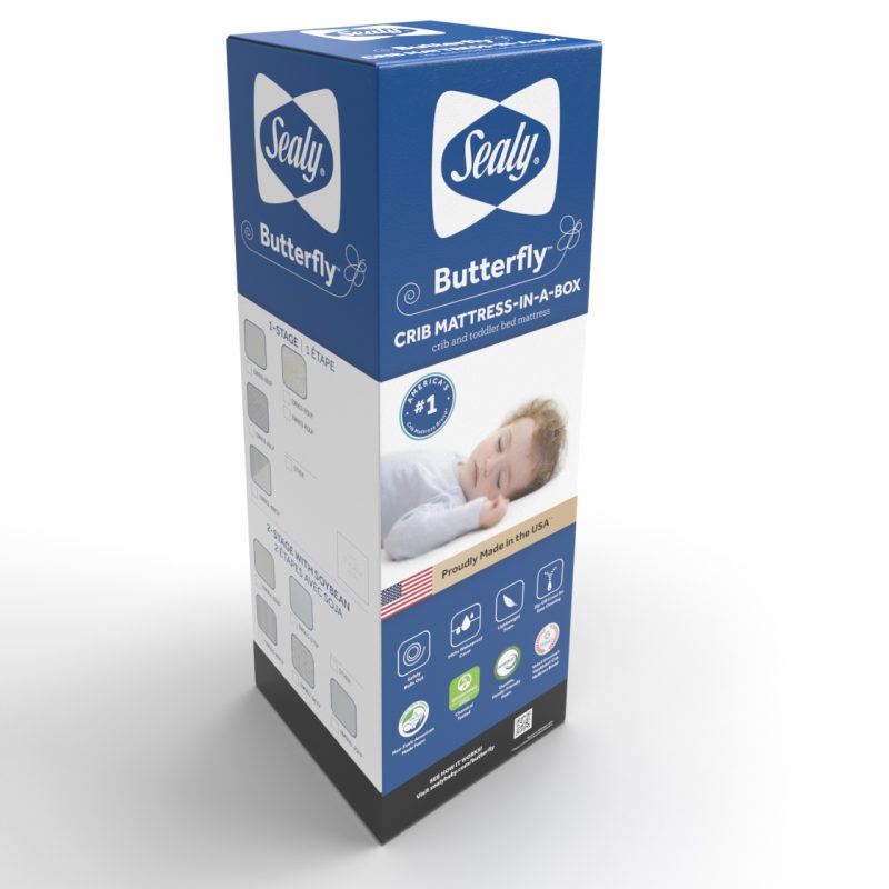 Sealy Butterfly Breathable Knit Crib Mattress shipping box packaging compact bed in a box space saving Sealy Baby branding