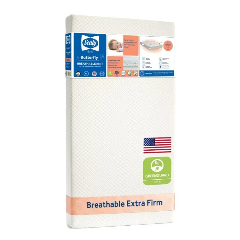 Sealy Butterfly Breathable Knit Crib and Toddler Mattress American-made CertiPUR-US foam breathable knit cover bed in a box GREENGUARD Gold 7 year warranty
