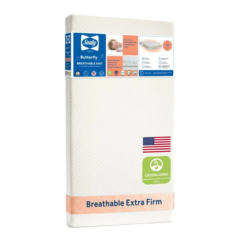 Sealy Butterfly Breathable Knit Crib and Toddler Mattress American-made CertiPUR-US foam breathable knit cover bed in a box GREENGUARD Gold 7 year warranty