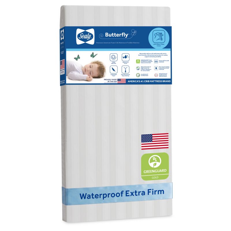 Sealy Butterfly Waterproof Crib Mattress white stripe GREENGUARD Gold Certified air quality tested healthier sleeping environment laminate cover