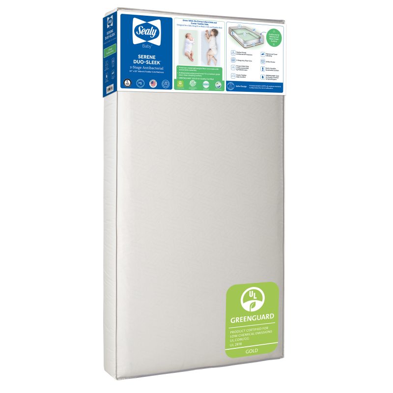 Sealy Serene Duo-Sleek 2-Stage Crib and Toddler Mattress springless airy poly-core pearl embossed waterproof cover under 8 lbs antibacterial GREENGUARD Gold Cribsie Award