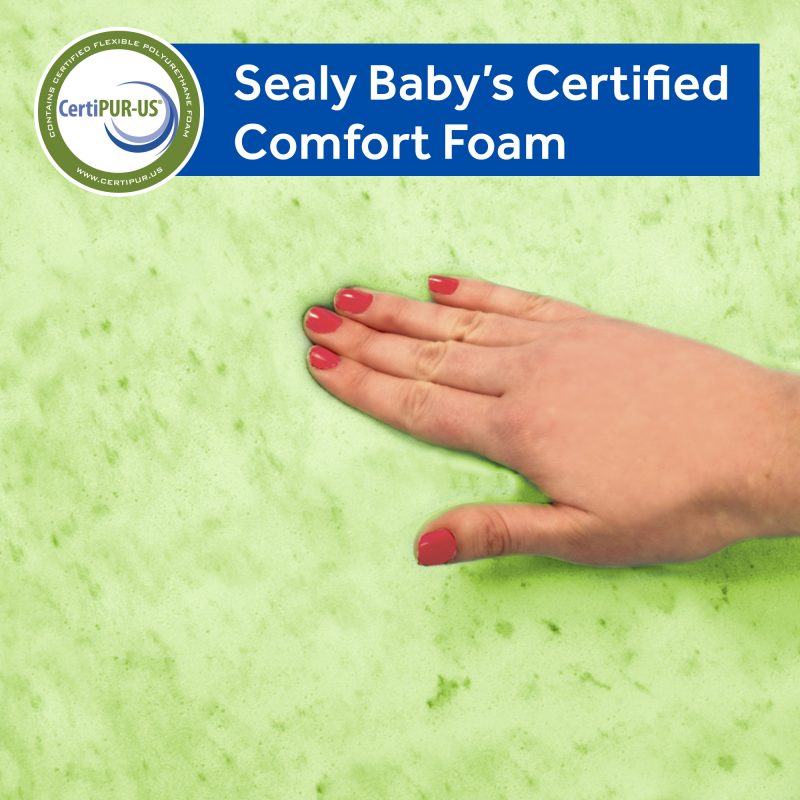 Sealy Posture Perfect 2-Stage Hybrid Crib Mattress family-friendly American-made soybean memory foam topper soy oils American farmers CertiPUR-US no harsh chemicals flame retardants