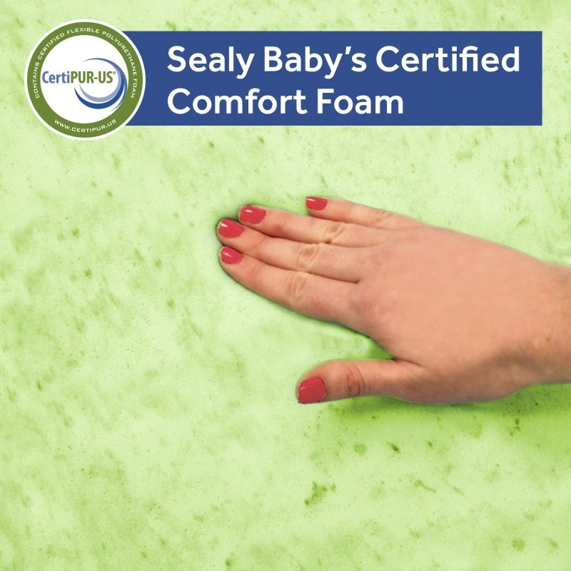 Sealy Posture Perfect 2-Stage Hybrid Crib Mattress family-friendly American-made soybean memory foam topper soy oils American farmers CertiPUR-US no harsh chemicals flame retardants