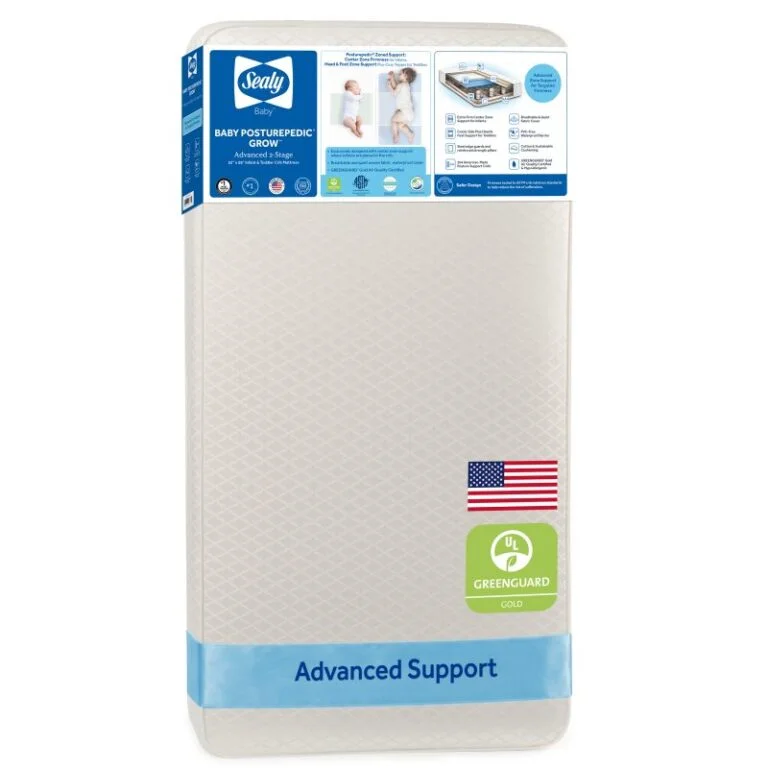 Sealy Baby Posturepedic Grow 2-Stage Crib and Toddler Mattress Posturepedic Advanced Zoned Support 204 American-made steel coils EverEdge guards cotton waterproof cover GREENGUARD Gold