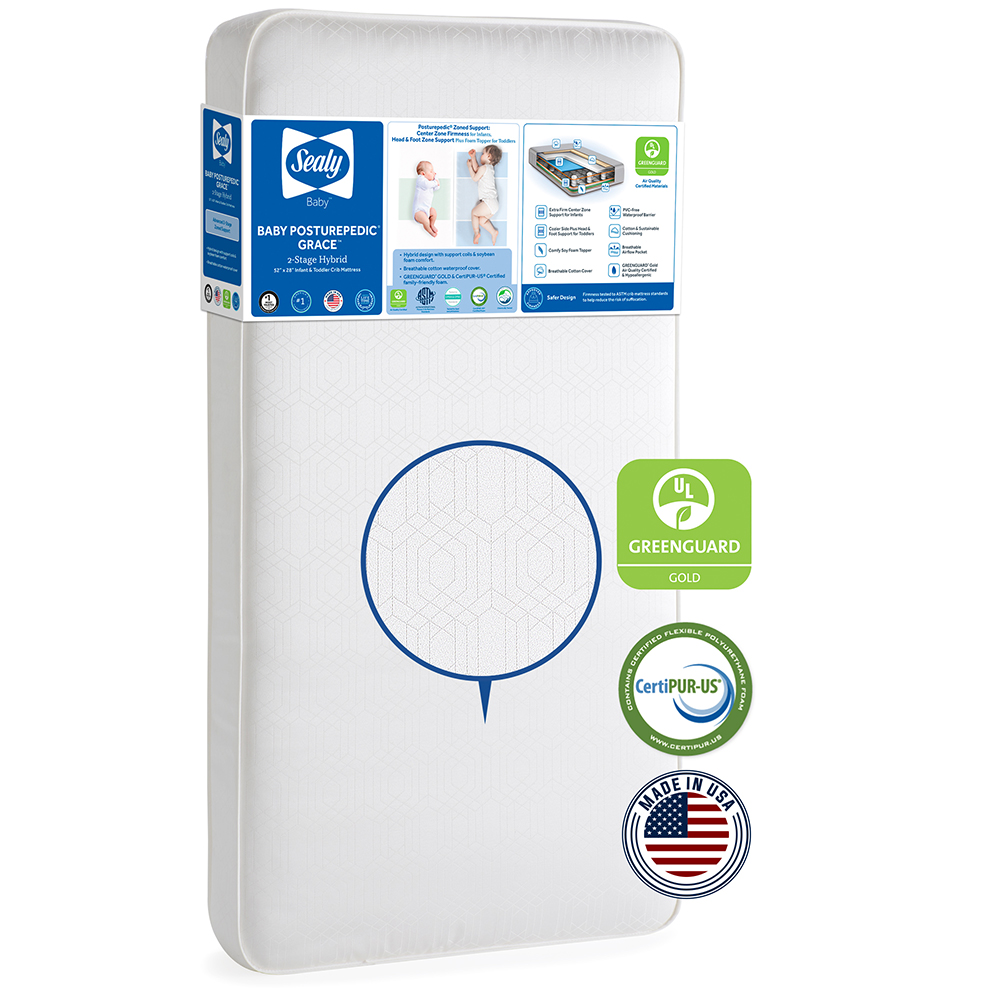 Exploded view of Sealy Baby Posturepedic Grace Hybrid mattress showing inner layers including coils and foam