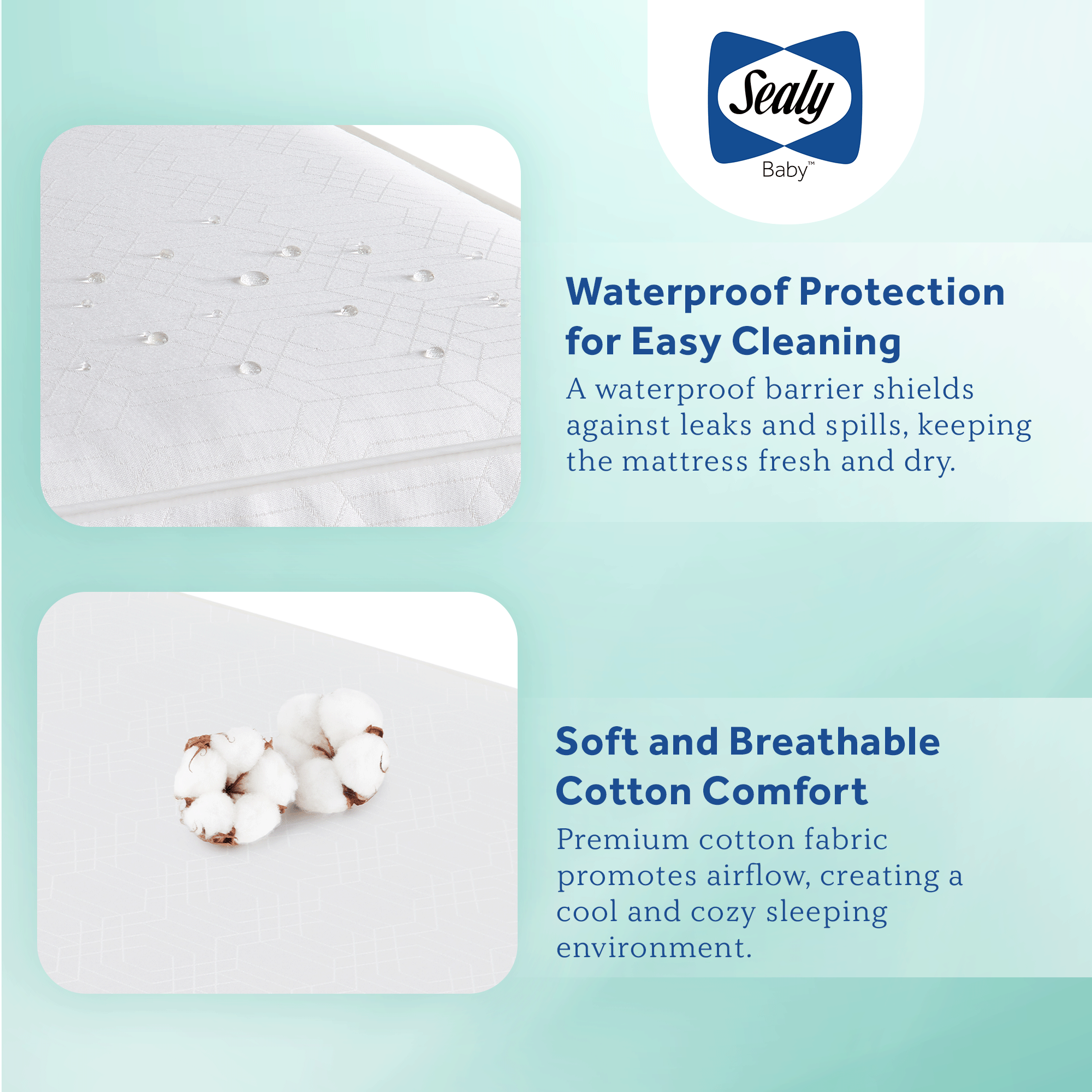 Waterproof cover on Sealy Baby Posturepedic Grace Hybrid crib mattress protecting against spills and moisture