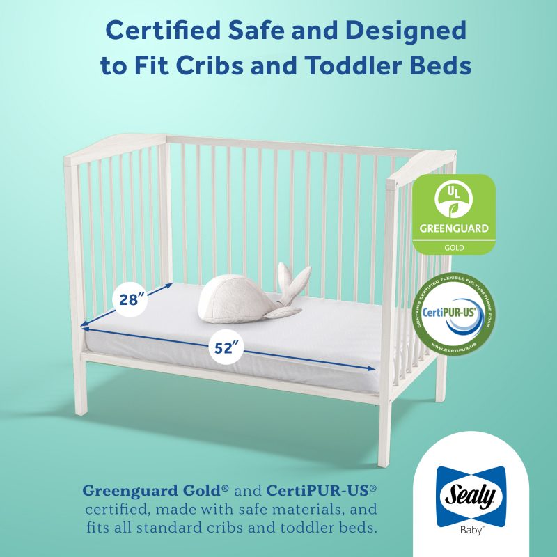 Sealy Butterfly Posture Support Crib Mattress dimensions 52x28x4.5 inches expands fits standard full size crib toddler bed ASTM standards 7 lbs