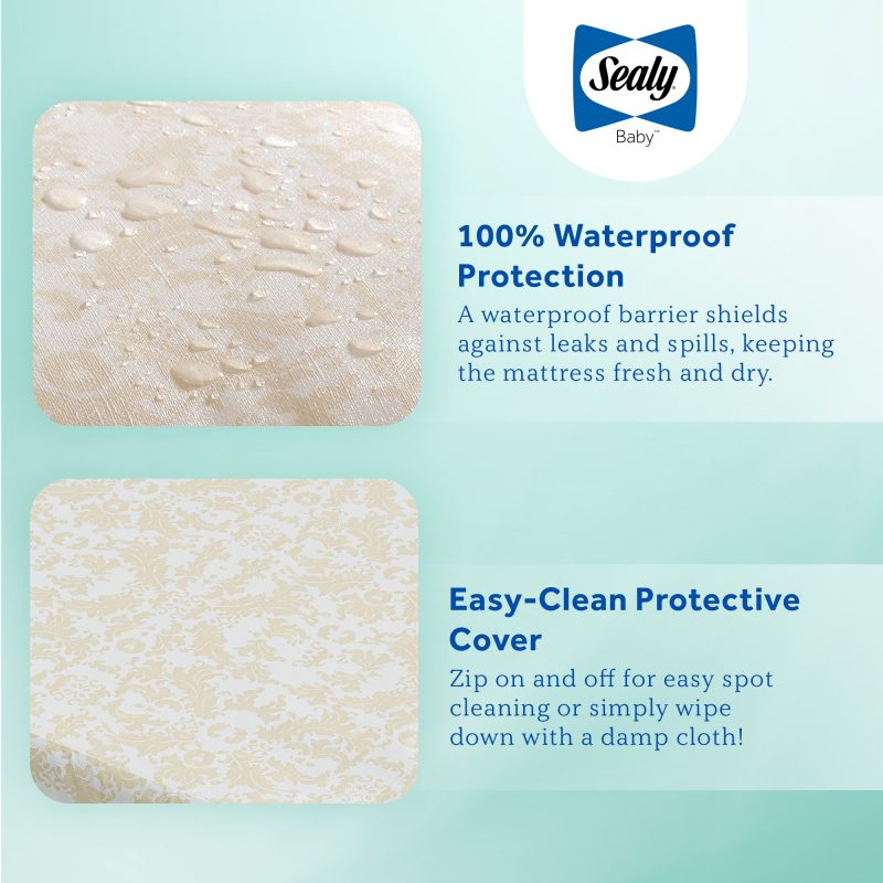 Sealy Butterfly Posture Support Crib Mattress 100% waterproof protection easy clean zip-on laminate cover mold mildew odors bacteria spot cleaning