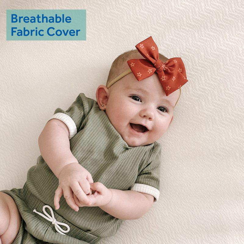 Sealy Baby Posturepedic Evolution 2-Stage Crib Mattress breathable fabric cover luxurious feel gentle baby skin waterproof barrier underneath
