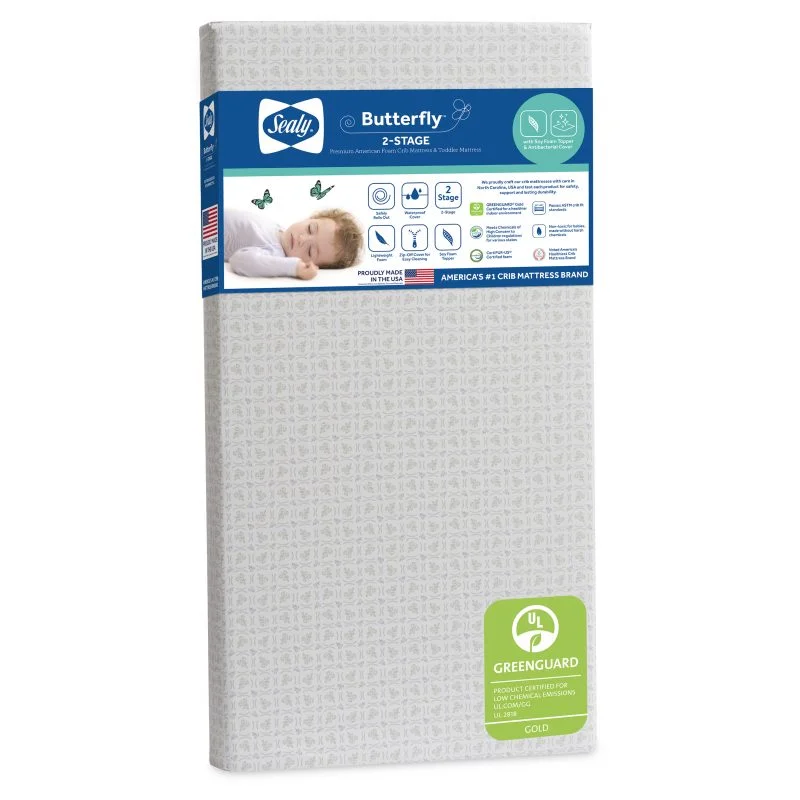 Sealy Butterfly 2-Stage Antibacterial Ultra Firm Crib Mattress Front image with GG logo