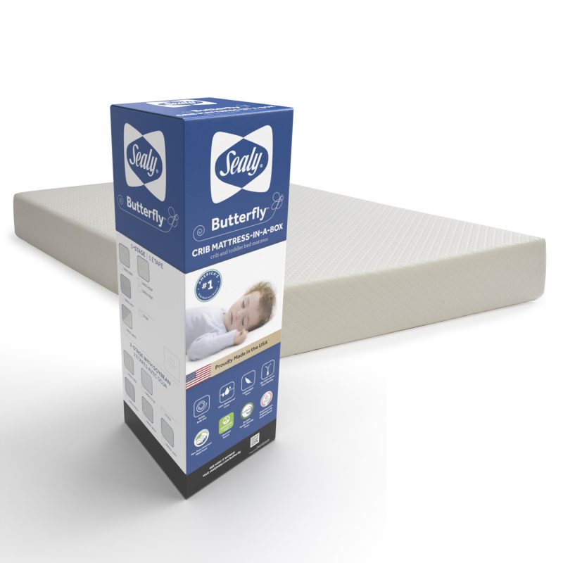 Sealy Butterfly 2-Stage Breathable Knit Crib Mattress package box mattress in a box lightweight easy carry doorstep delivery