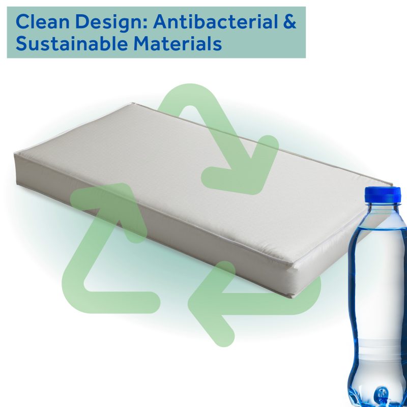 Crib mattress laying with recycling arrows and water bottle one white background