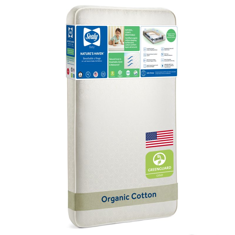 Sealy Nature's Haven 2-Stage Dual Firmness Baby Crib Mattress GOTS Certified organic cotton cover 150 heat-tempered steel coils GREENGUARD Gold lifetime warranty made in USA