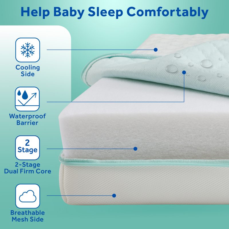 Sealy Cozy Dreams Premier Crib Mattress helps baby sleep comfortably reversible cover 2-stage firmness certifications hypoallergenic USA-made