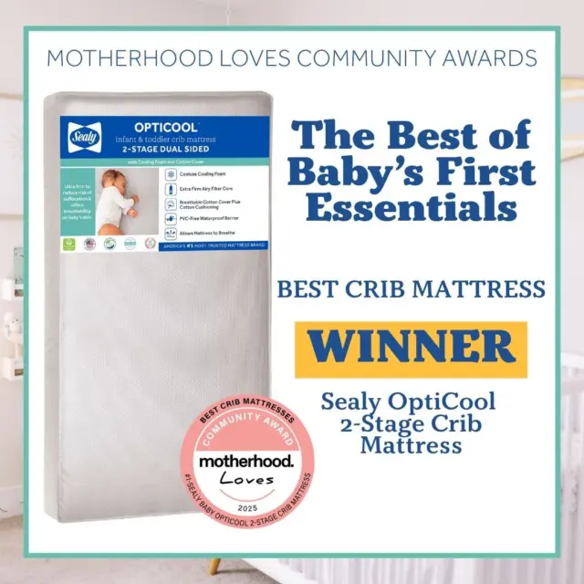 🎉 Exciting news! The Sealy OptiCool 2-Stage Crib Mattress has taken first place in the Best Crib Mattresses of 2025 at the @motherhoodmaternity Motherhood Loves Community Awards! 🏆 ⁠
⁠
With its lightweight, spring-free design, cooling memory foam, and hypoallergenic core, it's the perfect sleep solution for your little one. ⁠
⁠
A huge thank you to everyone who voted, and to @motherhoodmaternity for this amazing opportunity! 💖👶 ⁠
⁠
#SealyBaby #Motherhood #Nusery #CribMattress #MotherhoodLoves #MotherhoodLovesAwards #BabySleep #MomApproved