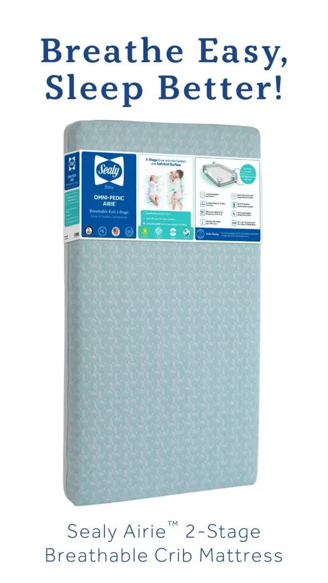The Sealy OmniPedic® Airie™ 2-Stage Breathable Crib Mattress offers a breathable knit cover that feels like sleeping on a cloud, plus a dual-firm design that supports newborns on one side and toddlers on the other. Lightweight and GREENGUARD Gold certified, it’s everything parents want from a mattress that grows with their baby! 
 
👇 What feature matters most: breathability or 2-stage firmness?
 
#BreathableSleep #CoolComfort #BabyEssentials #ModernNursery #SleepSafeBaby #CribGoals #BabySleepSolutions #NewParentMustHaves #NurseryStyle #BambooBaby #SealyBaby #ParentingMadeSimple #SafeSleepMatters
